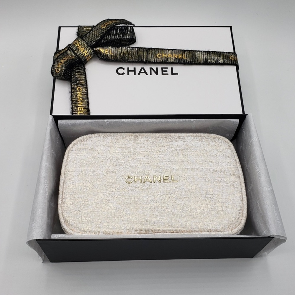 Authentic Chanel 2023 Cosmetic Pouch White Gold